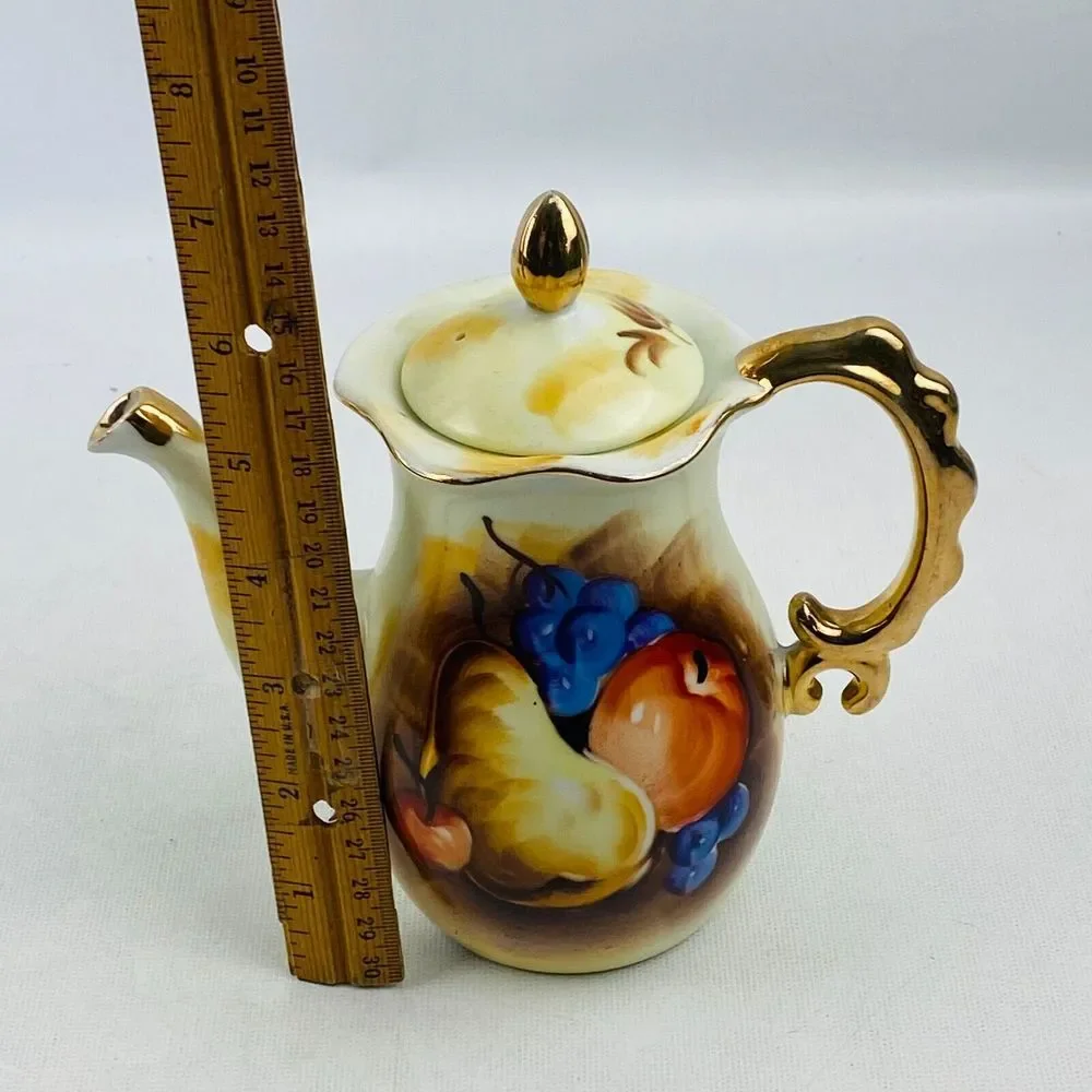 Vtg Enesco Fruit Pattern Teapot Gold Trim Hand Painted E2355‎ Pear Apple Grapes
